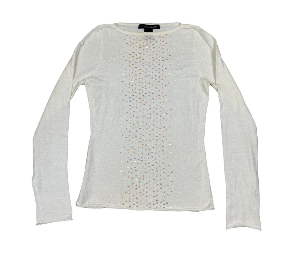 Y2K 52 Weekends Womens Size S White Sequin Long Sleeve Light Sweater Top *Flaws